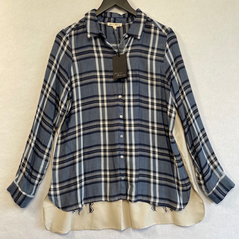 Jane and Delancey Blue Plaid Embroidered Back Mixed Media Shirt Womens M New